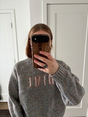 Women’s Heather Gray Crewneck Sweater with Pink Lettering